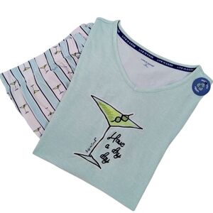 Life Is Good Martini Embroidery & Print PJ Set Short Sleeve Top Pant Teal XL NWT